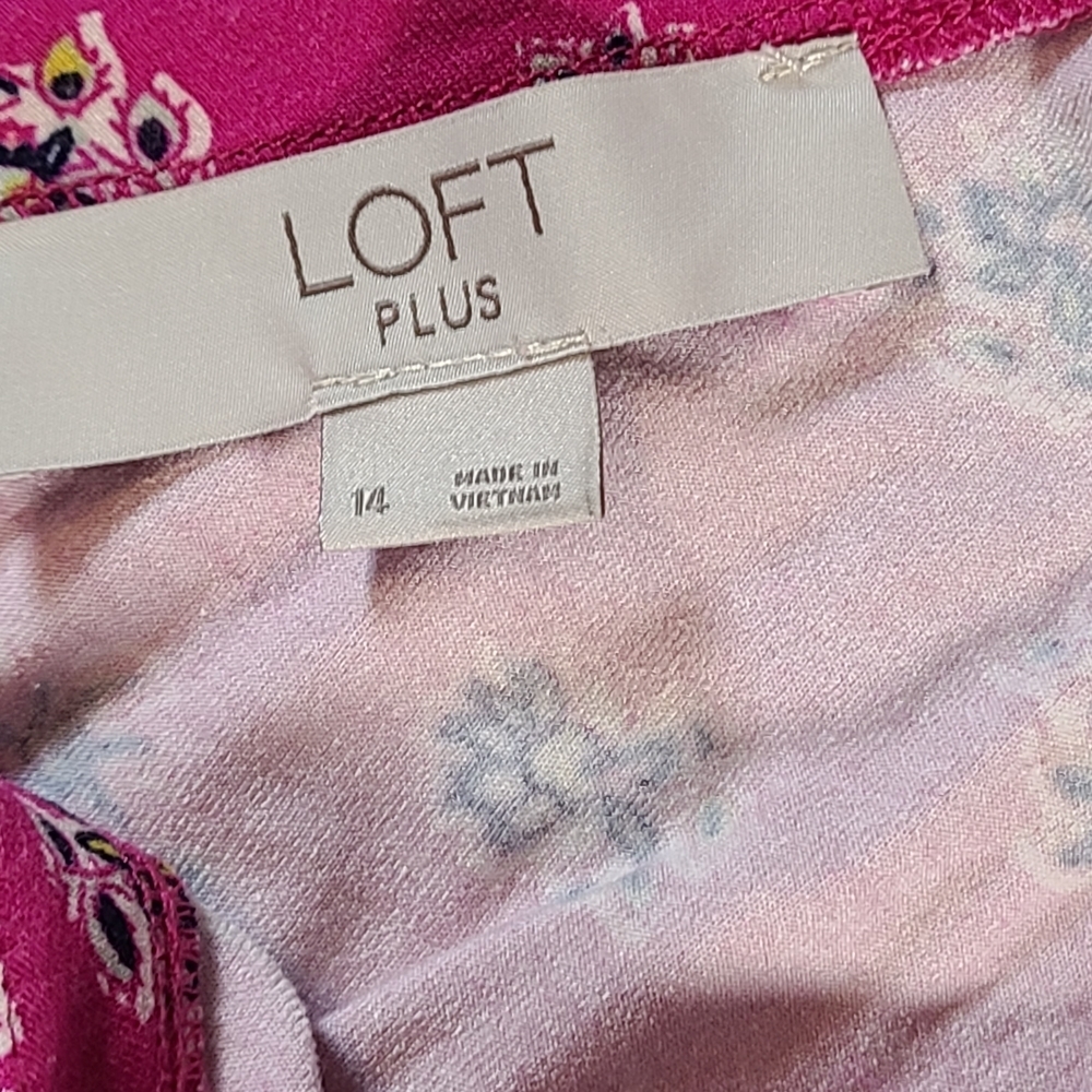 LOFT Hot Pink Floral V-Neck Midi Comfy Swing Dress EUC Plus Size 14 - Picture 5 of 10